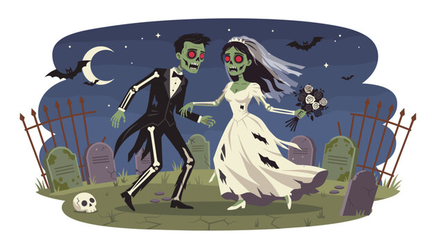 Spooky zombie bride and groom dancing in cemetery at night with moon, bats, and gravestones for Halloween theme.
