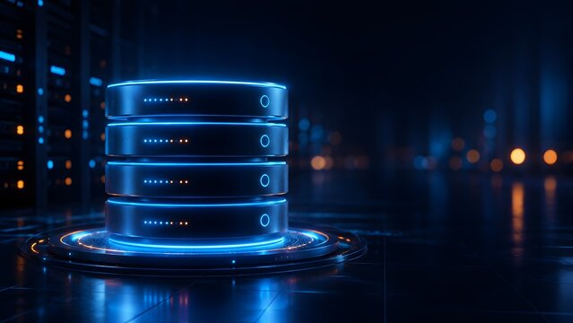 Futuristic database server storage unit illuminated by blue and orange neon lights in a dark high tech data center environment
