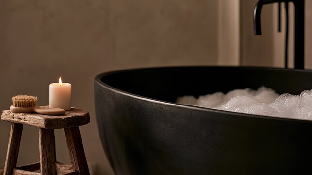 Cozy, dimly lit bathroom with a black soaking tub filled with bubbles