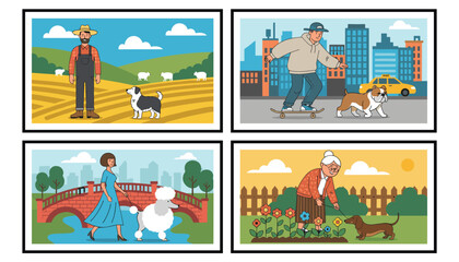 Naklejka premium Set of four framed illustrations depicting diverse people walking different dog breeds in farm, city, park, and garden environments.
