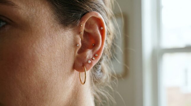 Close-up profile of a woman's ear adorned with multiple delicate piercings and a gold hoop earring