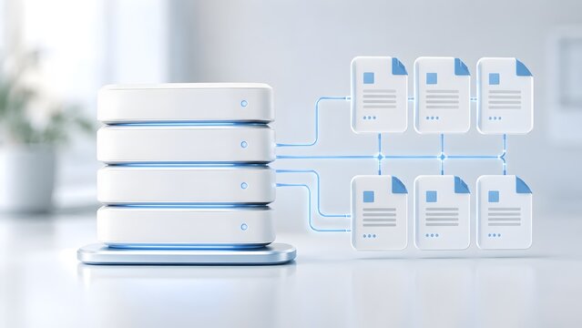 Cloud storage network concept with stacked database server connecting to multiple digital document icons in a bright modern office environment