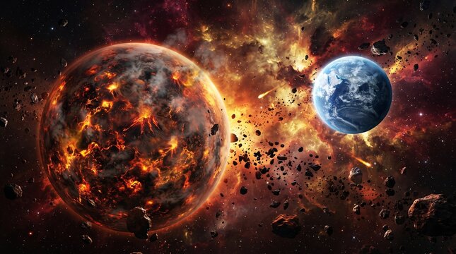 Dramatic cosmic collision of two planets in deep space. Fiery planetary impact with explosive energy and celestial debris.