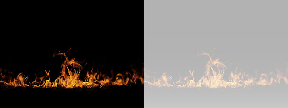 Fire flames burning in a low wide shape with bright orange glow and realistic rising fiery tongues