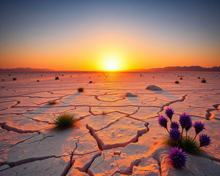 Coucher de soleil spectaculaire sur un d&eacute;sert de sel craquel&eacute; avec des fleurs violettes en premier plan cr&eacute;ant un contraste saisissant de couleurs et de textures