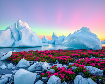 Paysage montagneux spectaculaire avec un glacier scintillant et un champ de fleurs roses vibrantes sous un ciel d&eacute;grad&eacute; aux couleurs pastel au lever du soleil