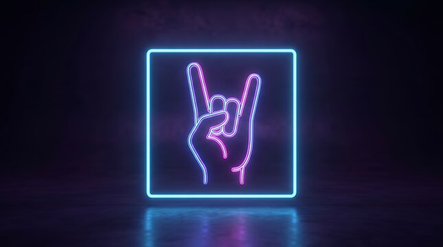 hand with rock and roll gesture and neon light abstract hand with rock and roll gesture and neon box around illuminating. music concept. 3d render music hand rock and roll gesture sign devil horns