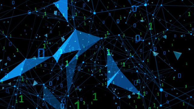 Abstract digital network visualization featuring interconnected nodes and binary data patterns glowing in blue tones