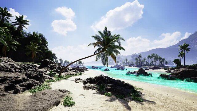 Turquoise water, sandy Bali beach, palm leaning over shore with rugged rocks, distant islets and clear sky gentle waves lapping, warm sunlight creating