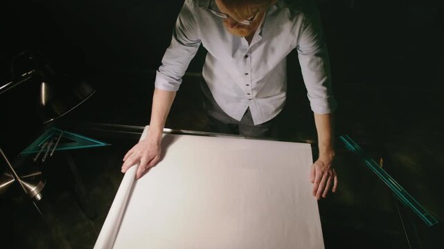 Overhead view shows bearded man with glasses adjusting large white sheet across transparent desk beside drafting tools in dim workspace, under strong spotlight with deep shadows and glossy reflections