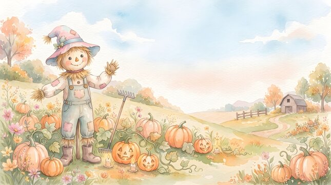 Cute autumn pumpkin patch field with scarecrow watercolor illustration, fall harvest countryside landscape isolated on white background