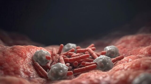 Close-Up Marine Biology and Human Health featuring Mycobacterium tuberculosis Bacteria in an Infected Alveolus with Inflamed Pulmonary Tissue