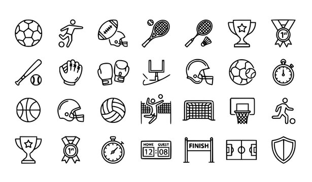 Thin line ball sports illustration set with soccer football tennis badminton boxing and volleyball vector icons