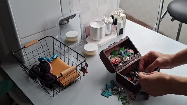 Organizing a small jewelry box and a countertop in a home setting