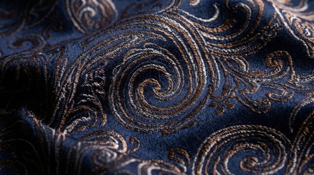 Close-up of luxurious dark blue fabric with intricate golden baroque swirling patterns and detailed texture