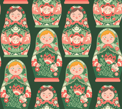 Vector seamless pattern with matryoshkas in row with folk art floral ornament on dark background. Texture with decorative ornate nesting dolls