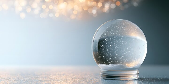 Magical empty snow globe sitting on a reflective surface with soft sparkling lights bokeh and copy space for Christmas background.