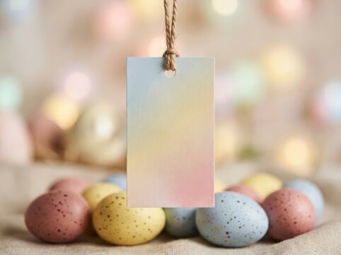 Blank paper tag hanging above colorful speckled easter eggs on a rustic table with soft bokeh lights in the background