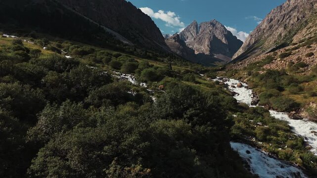 Mountain river flowing through a lush green valley in Ala Archa National Park, Kyrgyzstan