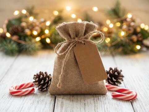 Small brown gift bag with a tag on a wooden table with pine cones and christmas lights in the background