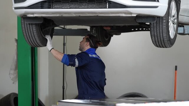 Mechanic inspecting raised car on lift in garage workshop for tire repair, vehicle maintenance, wheel service, underside check