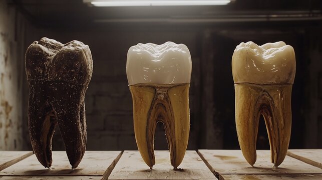Three Molar Teeth showing Progression from Healthy White to Severely Decayed Dark Brown 3D Render