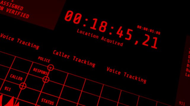 A critical red alert digital display illustrating 911 emergency radio dispatch communication, tracking location verified data and police response status.