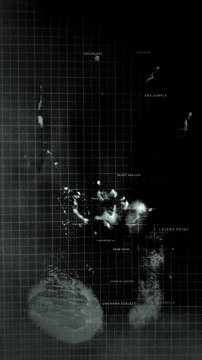 A vertical digital dashboard simulating a cyber police database processing latent fingerprint ridge analysis and case profile cross-referencing for law enforcement media.