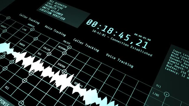 A 3D digital audio waveform visualization representing emergency 911 dispatch radio communication, tracking call activity and police response logistics.