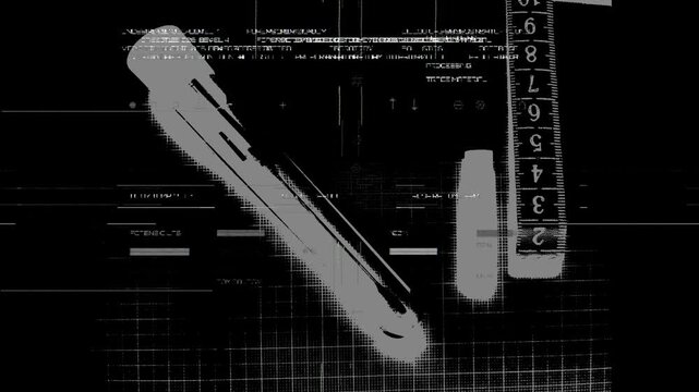A monochromatic corrupted forensic terminal displaying cyber glitch data decryption protocols, focusing on abstract visual tools, measurements, and scrambled data feeds.