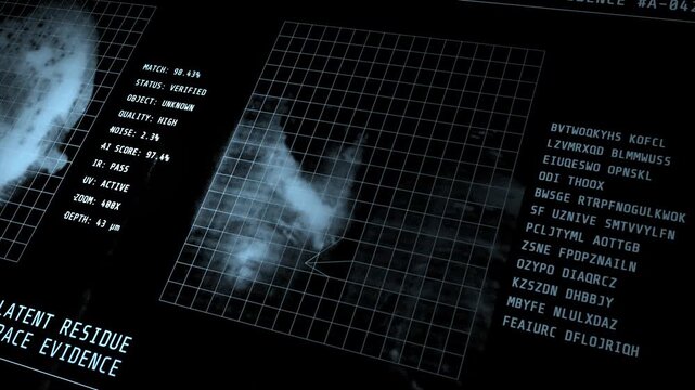 A 3D perspective visualization of a forensic DNA analysis HUD showing live laboratory specimen tracking, organic signature telemetry, and database verification for medical media.