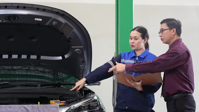 Car mechanic inspection engine vehicle repair with female technician explaining maintenance to customer near open hood in workshop garage
