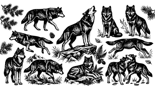 Majestic Gray Wolves Collection Dark Vintage Wildlife Vector Illustration