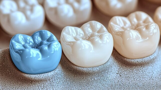 Set of Dental Crowns including a Blue Prototype and White Ceramic Tooth Caps 3D Render