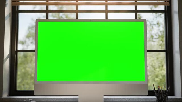 Desktop Computer Green Screen Mockup in Bright Modern Office - Front View