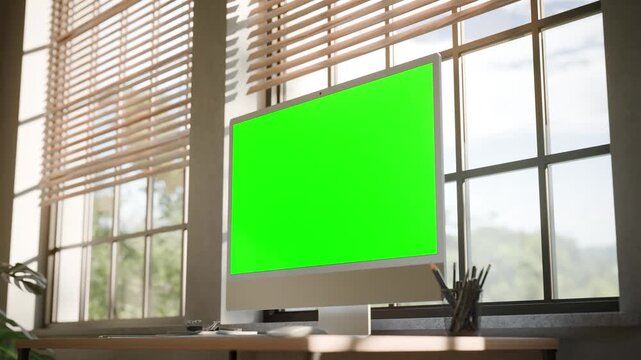 Desktop All in One Computer Green Screen Mockup in Bright Modern Office - Perspective View