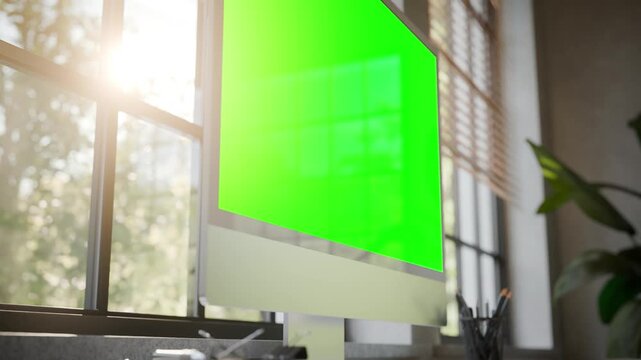 Desktop All in One Computer Green Screen Mockup in Bright Modern Office - Perspective View