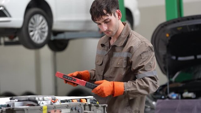 Mechanic car diagnostic tablet in garage for vehicle repair maintenance with technician gloves inspecting engine equipment