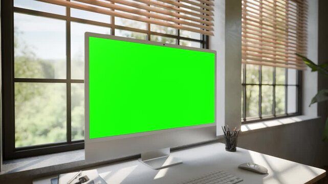 Desktop All in One Computer Green Screen Mockup in Bright Modern Office - Perspective View