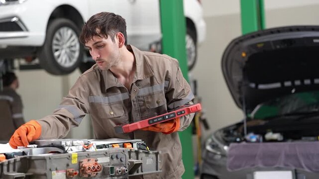 Mechanic car battery repair garage electric vehicle service diagnostic tool technician inspection open hood workshop lift