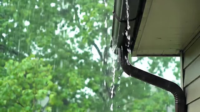 Heavy rain streams down from a gutter onto a house siding