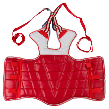 Red taekwondo chest protector isolated on white background. Martial arts body guard hogu for karate and combat sports practice