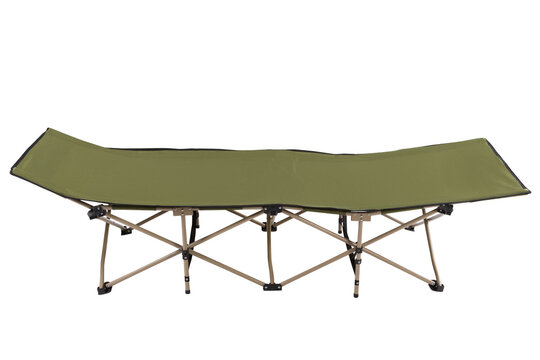 Folding camping cot, military style portable travel bed for outdoor and fishing isolated on white, side view.