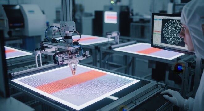 Quality control station inspecting quantumdot display sheets post inkjet printing for uniformity brightness and pixel precision.