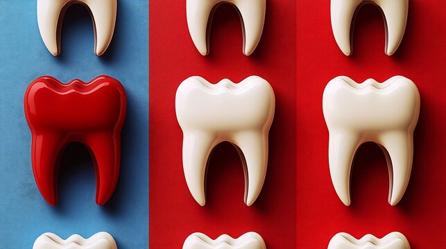 Concept of Toothache showing an Inflamed Red Tooth among Healthy White Teeth 3D Render
