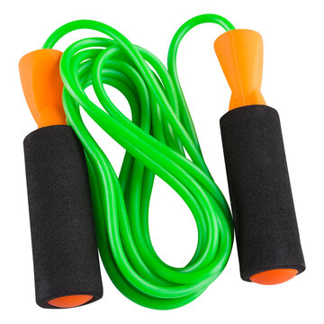 Green and orange jump rope isolated on white background. Fitness skipping rope with foam handles for cardio training and workout