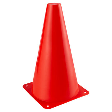 Red sports training cone isolated on white background. Plastic marker cone for soccer drills, agility training, and sports field boundary