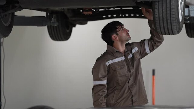 Car mechanic repair garage tire vehicle undercarriage workshop inspection uniform male technician checking raised auto underside focused expression
