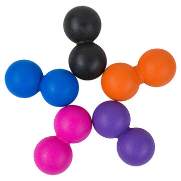 Colorful peanut massage balls set isolated on white background. Double lacrosse balls arrangement for myofascial release, back pain, and muscle therapy