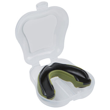 Olive green and black sports mouthguard in plastic storage case isolated on white background. Dental gum shield for boxing, mma, and combat sports protection